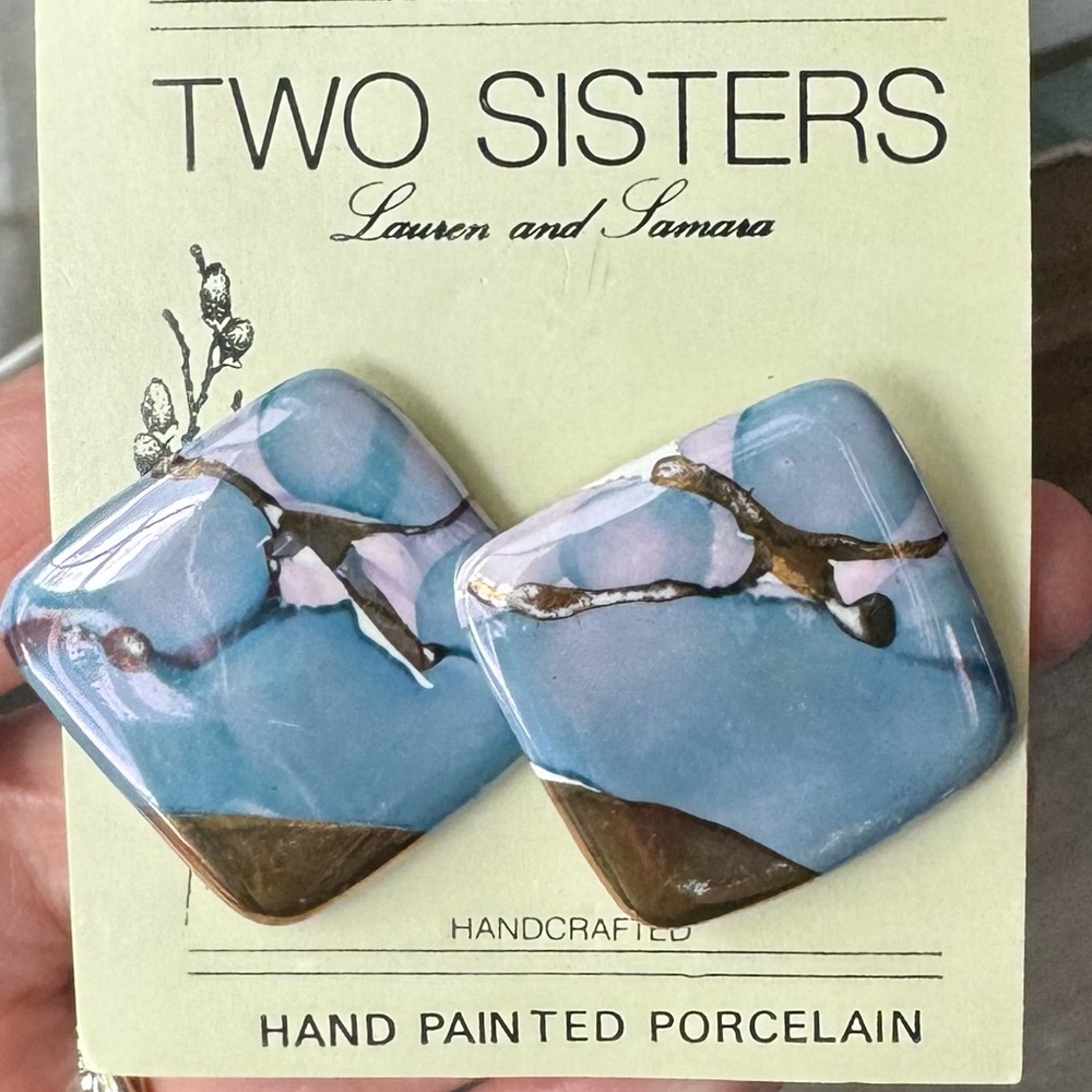 Vintage Two Sisters Hand Painted Porcelain Earrings